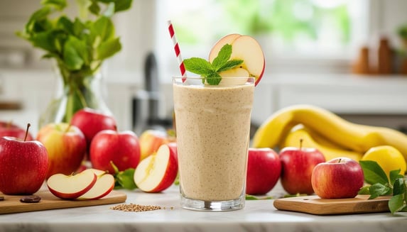 The image features a delicious apple smoothie served in a transparent glass, placed on a kitchen countertop-2